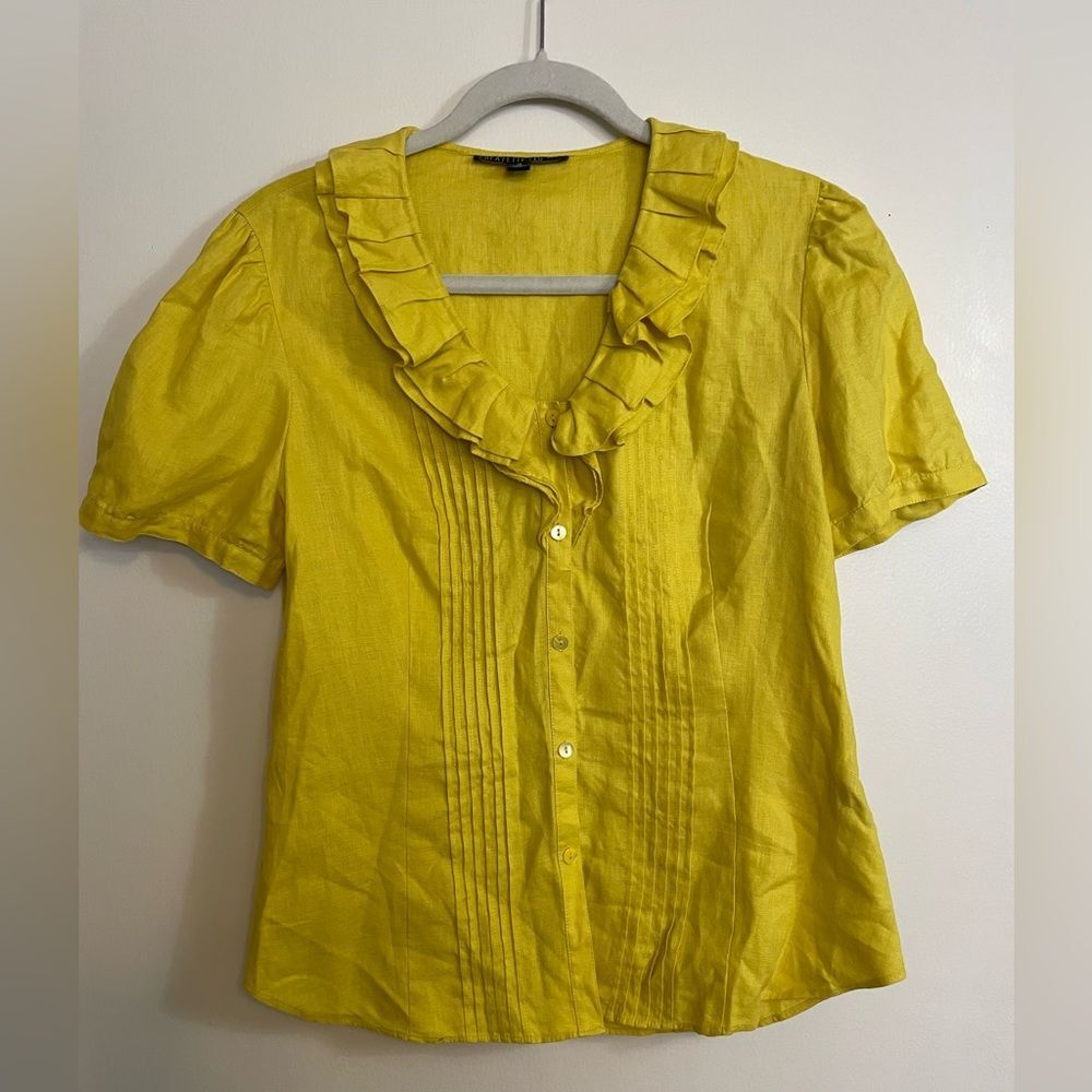 Lafayette 148 New York Luxury Yellow Ruffle Vneck Button Down Linen Blouse Sz10